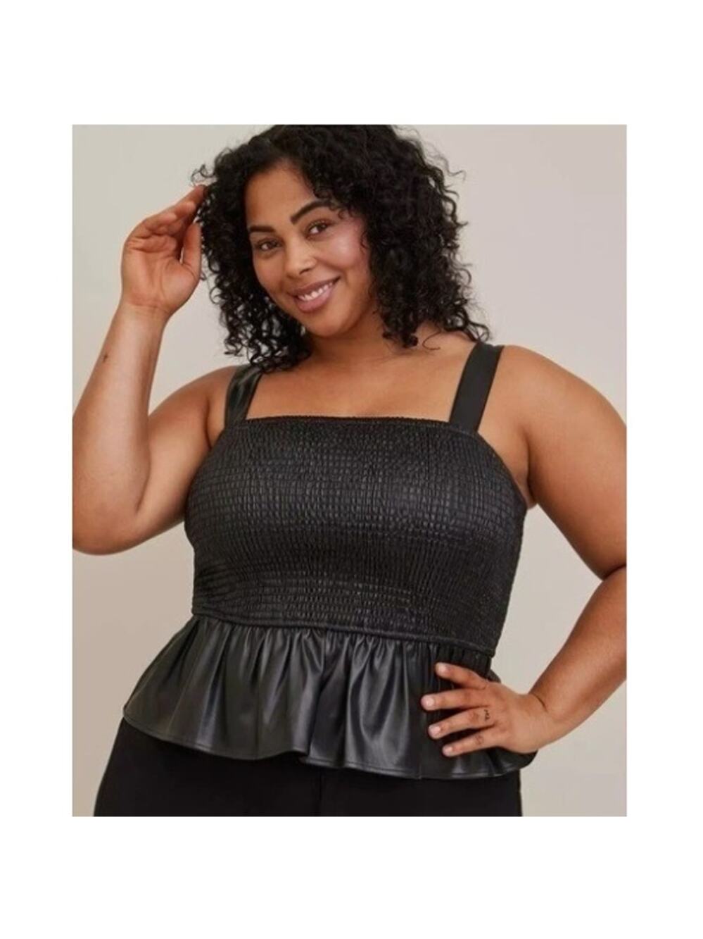 Torrid Smocked Peplum Top Womens Plus Size 2X Black Faux Leather Square Neck